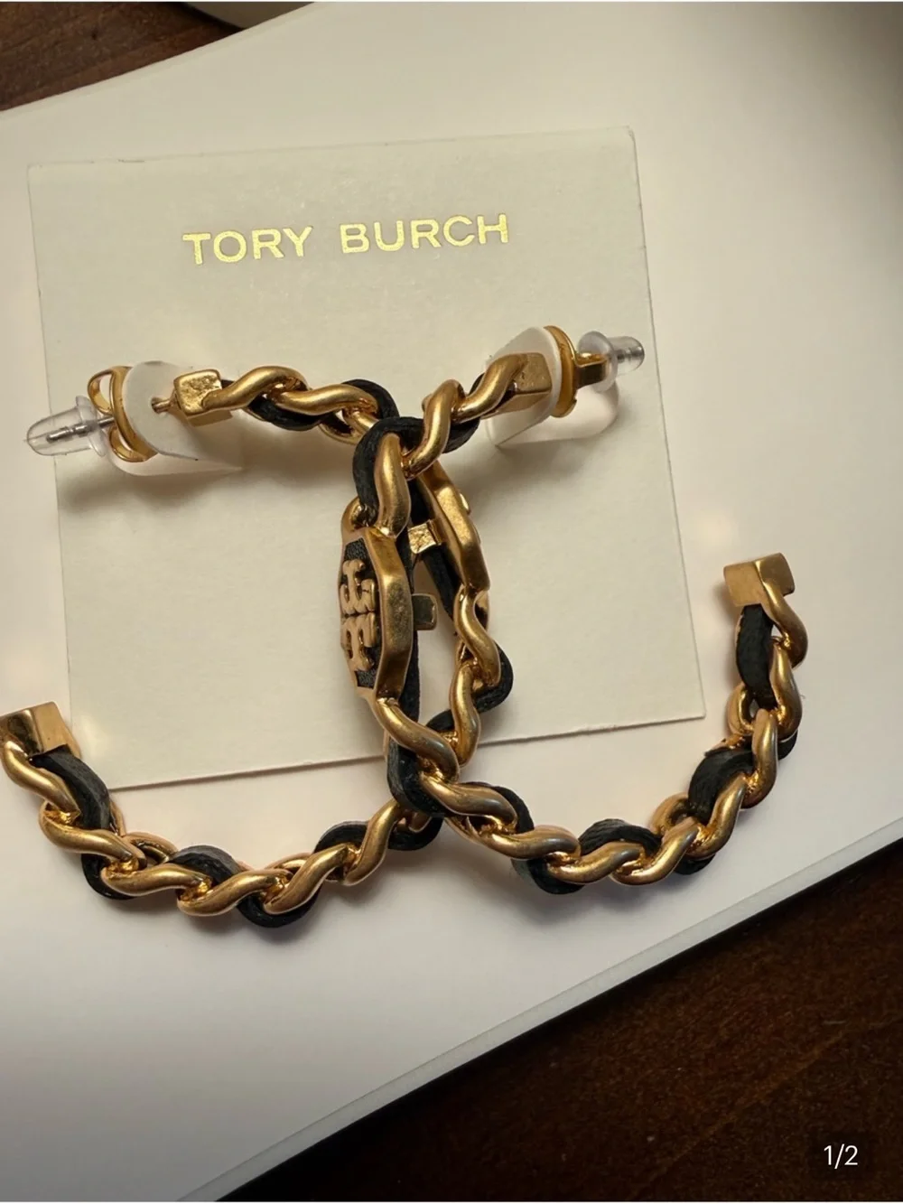 Tory Burch Gold and Black Leather Link Drop Earrings